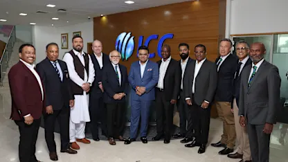 Representatives of the ICC Board gather at ICC HQ to welcome the new Chair, Jay Shah
