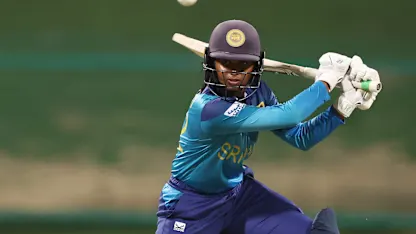 Vishmi Gunaratne of Sri Lanka plays a shot during the ICC Women's T20 World Cup Qualifier 2024 Final match between Scotland and Sri Lanka at Zayed Cricket Stadium on May 07, 2024 in Abu Dhabi, United Arab Emirates.