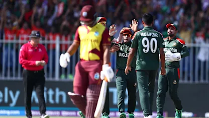 Logo of Mustafizur strikes, Lewis goes for six