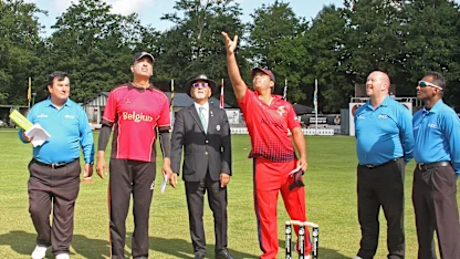 Logo of At the toss of the match Austria v Belgium at the ICC Europe Div 1 Tournament in Schiedam,The Netherlands.