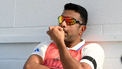 Logo of Ravichandran Ashwin of India sits in the dugout during day one of the ICC World Test Championship Final between Australia