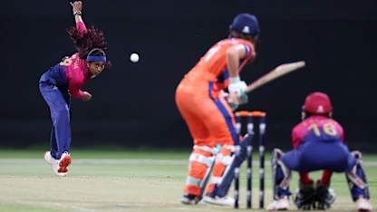 Indhuja Nandakumar of United Arab Emirates in bowling action during the ICC Women's T20 World Cup Qualifier 2024 match between Netherlands and United Arab Emirates at Zayed Cricket Stadium on April 29, 2024 in Abu Dhabi, United Arab Emirates.