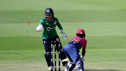 Theertha Satish of United Arab Emirates is stumped by Wicket Keeper Amy Hunter of Ireland during the ICC Women's T20 World Cup Qualifier 2024 match between Ireland and United Arab Emirates at Zayed Cricket Stadium on April 25, 2024 in Abu Dhabi, United Arab Emirates.