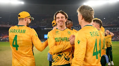 Dewald Brevis of South Africa celebrates victory with teammates after the ICC Men's T20 World Cup 2026 Super 8 match