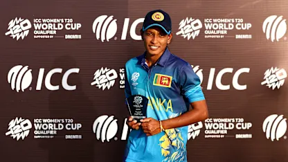 Inoshi Priyadharshani of Sri Lanka poses for a photograph with the Player of the Match award after the ICC Women's T20 World Cup Qualifier 2024 match between Sri Lanka and Thailand at Tolerance Oval on April 25, 2024 in Abu Dhabi, United Arab Emirates.
