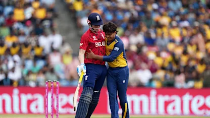Harry Brook of England embraces Dunith Wellalage of Sri Lanka during the ICC Men's T20 World Cup 2026 Super 8 match