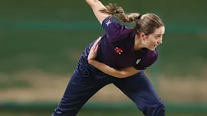 Rachel Slater of Scotland in bowling action during the ICC Women's T20 World Cup Qualifier 2024 Final match between Scotland and Sri Lanka at Zayed Cricket Stadium on May 07, 2024 in Abu Dhabi, United Arab Emirates.