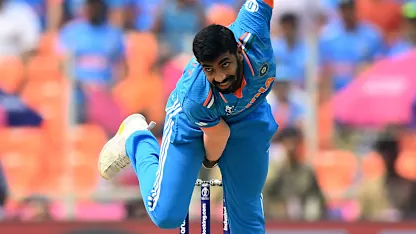Jasprit Bumrah of India bowls during the ICC Men's Cricket World Cup India 2023 match between India and Pakistan at Narendra Modi Stadium
