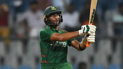Logo of Mahmudullah of Bangladesh plays a shot during the ICC Men's Cricket World Cup India 2023 between South Africa and Bangladesh