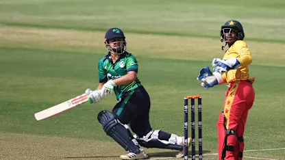 Amy Hunter of Ireland plays a shot as Modester Mupachikwa of Zimbabwe keeps during the ICC Women's T20 World Cup Qualifier 2024 match between Ireland and Zimbabwe at Zayed Cricket Stadium on April 29, 2024 in Abu Dhabi, United Arab Emirates.