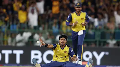 Maheesh Theekshana of Sri Lanka celebrates the wicket of Finn Allen