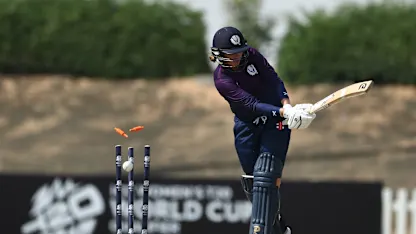 Saskia Horley of Scotland is bowled by Isani Vaghela of USA during the ICC Women's T20 World Cup Qualifier 2024 match between USA and Scotland at Tolerance Oval on April 29, 2024 in Abu Dhabi, United Arab Emirates.