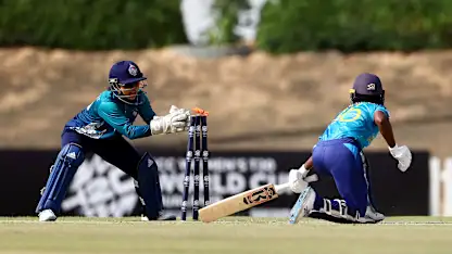 Hansima Karunaratne of Sri Lanka is stumped by Wicket Keeper Nannapat Koncharoenkai of Thailand during the ICC Women's T20 World Cup Qualifier 2024 match between Sri Lanka and Thailand at Tolerance Oval on April 25, 2024 in Abu Dhabi, United Arab Emirates.