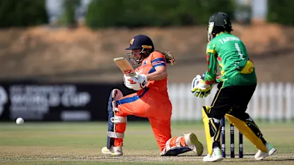 Robine Rijke of Netherlands bats during the ICC Women's T20 World Cup Qualifier 2024 match between Vanuatu and Netherlands at Tolerance Oval on April 27, 2024 in Abu Dhabi, United Arab Emirates.