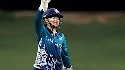 Nannapat Khoncharoenkai of Thailand celebrates taking the wicket of Pooja Ganesh of USA