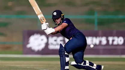 Megan McColl of Scotland bats during the ICC Women's T20 World Cup Qualifier 2024 Semi-Final match between Ireland and Scotland at Zayed Cricket Stadium on May 05, 2024 in Abu Dhabi, United Arab Emirates.
