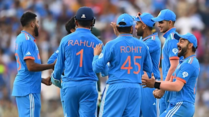 Logo of Virat Kohli and India celebrate the wicket of Haris Rauf of Pakistan during the ICC Men's Cricket World Cup India 2023 match between India and Pakistan