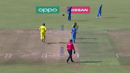 Logo of ICC U19 CWC: Sam Fanning strikes his elbow out to Akash Singh
