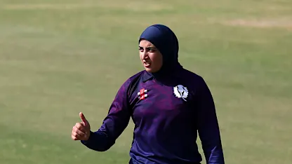 Abtaha Maqsood of Scotland reacts during the ICC Women's T20 World Cup Qualifier 2024 Semi-Final match between Ireland and Scotland at Zayed Cricket Stadium on May 05, 2024 in Abu Dhabi, United Arab Emirates.