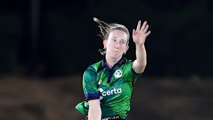 Orla Prendergast of Ireland bowls during the ICC Women's T20 World Cup Qualifier 2024 match between Vanuatu and Ireland at Tolerance Oval on May 01, 2024 in Abu Dhabi, United Arab Emirates.