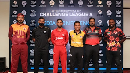 Logo of Team Captains for the ICC Men’s Cricket World Cup Challenge League A 2019 pose for press after the press conference