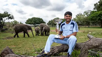 ICC U19 Men’s Cricket World Cup 2026 winning captain, Ayush Mhatre, with the coveted World Cup trophy at Wild is Life Wildlife Sanctuary in Harare, Zimbabwe. India are now record, six-time U19 Men’s World Cup champions.Photo credit: Getty Images for ICC