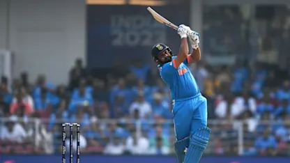 Logo of Rohit's confident half-century keeps India in the contest | CWC23