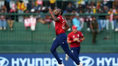 Jofra Archer of England celebrates taking the wicket of Kamil Mishara of Sri Lanka during the ICC Men's T20 World Cup 2026 Super 8 match