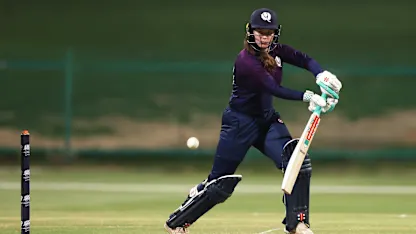 Katherine Fraser of Scotland plays a shot during the ICC Women's T20 World Cup Qualifier 2024 Final match between Scotland and Sri Lanka at Zayed Cricket Stadium on May 07, 2024 in Abu Dhabi, United Arab Emirates.