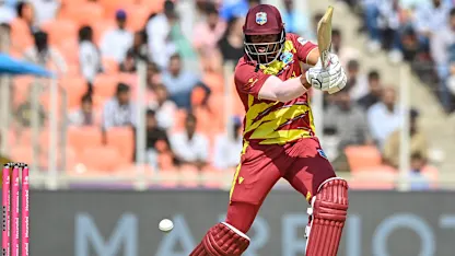 Brandon King plays a shot during the 2026 ICC Men's T20 Cricket World Cup Super Eights match between West Indies and South Africa