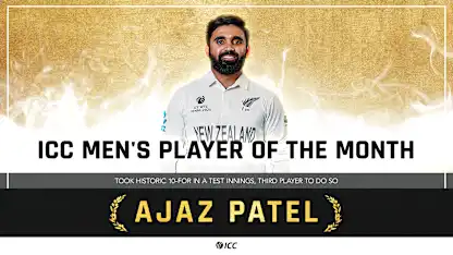 Logo of Ajaz Patel voted ICC Men's Player of the Month for December 2021