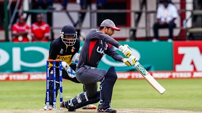 UAE captain Rohan Mustafa in action during a group A World Cup Qualifier match between Papua New Guinea and the United Arab Emirates at Harare Sports Club March 4 2018.
