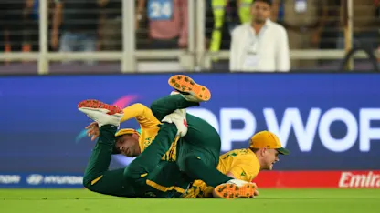 Corbin Bosch and Keshav Maharaj collide catching Abhishek Sharma out during the ICC Men's T20 World Cup 2026 Super 8 match