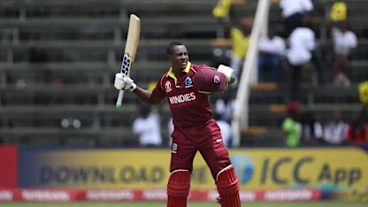 Logo of Rovman Powell of The West Indies celebrates his century during The ICC Cricket World Cup Qualifier between The West Indies and Ireland at The Harare Sports Club on March 10, 2018 in Harare, Zimbabwe (©ICC).