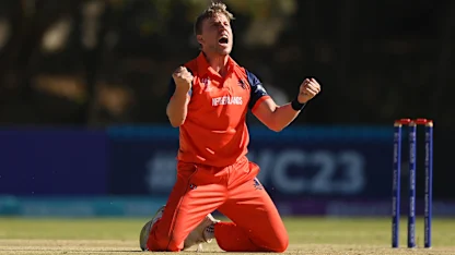 Logo of Netherlands seamer Logan van Beek rips through Nepal | CWC23 Qualifier