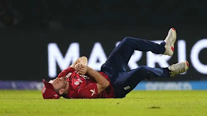 Liam Dawson of England takes the catch of Fakhar Zaman