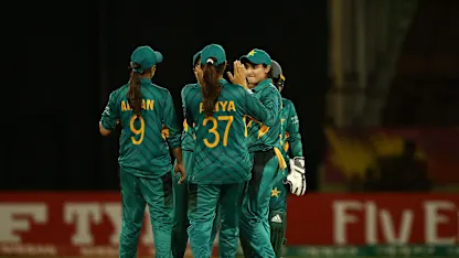 Bismah Mahroof of Pakistan celebrates a wicket with team mates during the ICC Women's World T20 2018 match between Pakistan and Ireland at Guyana National Stadium on November 13, 2018 in Providence, Guyana.