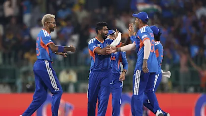 India celebrate Salman Agha's wicket
