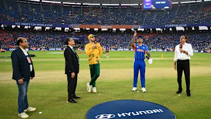 Aiden Markram of South Africa and Suryakumar Yadav of India take part in the coin toss prior to the ICC Men's T20 World Cup 2026 Super 8 match