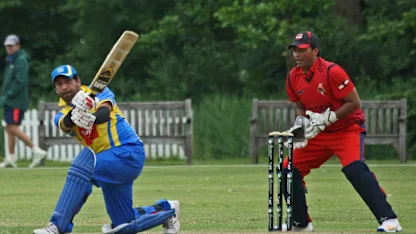 Logo of Usman Arif pulls for a boundary for Sweden during their match v Austria