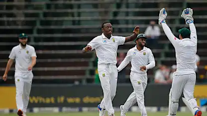 Logo of Kagiso Rabada celebrating the wicket of Kusal Mendis