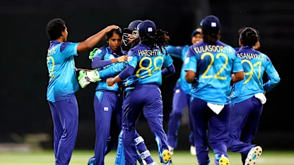 Udeshika Prabodhani of Sri Lanka celebrates a wicket with team mates during the ICC Women's T20 World Cup Qualifier 2024 Semi-Final match between United Arab Emirates and Sri Lanka at Zayed Cricket Stadium on May 05, 2024 in Abu Dhabi, United Arab Emirates.