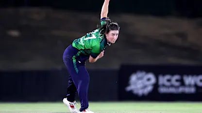 Arlene Kelly of Ireland bowls during the ICC Women's T20 World Cup Qualifier 2024 match between Vanuatu and Ireland at Tolerance Oval on May 01, 2024 in Abu Dhabi, United Arab Emirates.