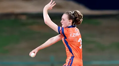 Iris Zwilling of the Netherlands bowls during the ICC Women's T20 World Cup Qualifier 2024 match between Netherlands and Ireland at Zayed Cricket Stadium on May 03, 2024 in Abu Dhabi, United Arab Emirates.