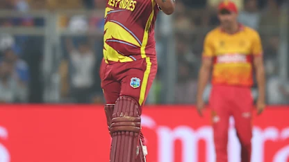Shimron Hetmyer of West Indies celebrates their half century during the ICC Men's T20 World Cup 2026 Super 8 match