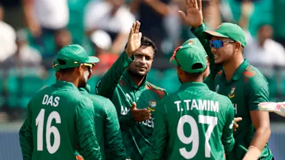 Logo of Shakib Al Hasan gets crucial breakthrough to dismiss Ibrahim Zadran | CWC23
