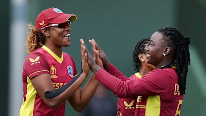 West Indies' Hayley Matthews (L) and Deandra Dottin (R) celebrate