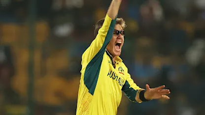 Logo of Adam Zampa of Australia successfully appeals for the LBW of Mohammad Rizwan of Pakistan during the ICC Men's Cricket World Cup