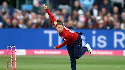 Linsey Smith of England bowls during the 1st Women's Vitality IT20 between England and West Indies at The Spitfire Ground