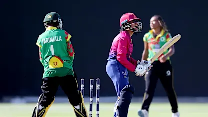 Heena Hotchandani of United Arab Emirates reacts after being bowled out by Nasimana Navaika of Vanuatu during the ICC Women's T20 World Cup Qualifier 2024 match between United Arab Emirates and Vanuatu at Zayed Cricket Stadium on May 03, 2024 in Abu Dhabi, United Arab Emirates.